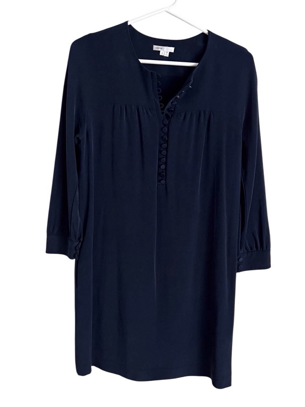 Vince Navy Blue Silk Dress Long Sleeve Mini Coastal Quiet Luxury Basic Small